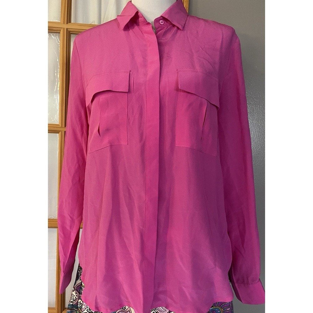 90s Joe Fresh Silk Button Blouse Sz L Pink Pockets Long Sleeve Classic Career